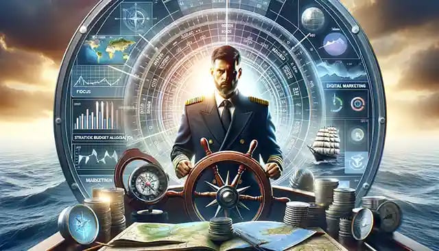 A captain steering a ship with a clear focus, surrounded by navigational tools like a compass, maps, and modern digital analytics screens