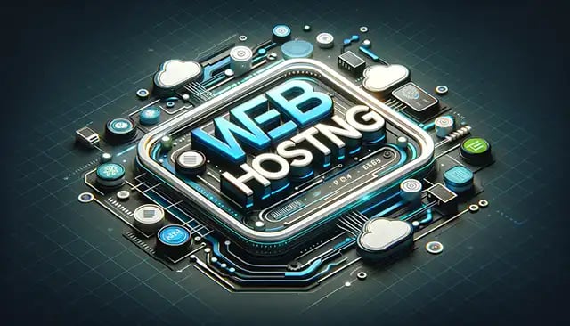 A modern, digital-themed sign that says Web Hosting 