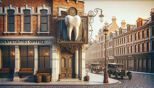 A vintage sign with a giant tooth hanging in front of a dentist office
