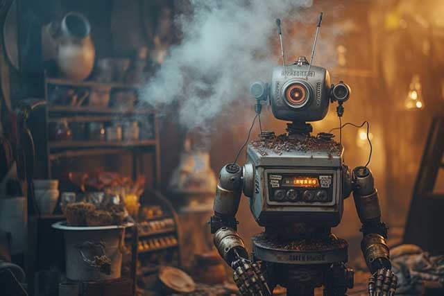 AI in SEO: A giant AI robot with 'Keyword Research'