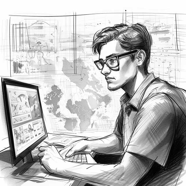 A hand-drawn pencil sketch of a marketing manager