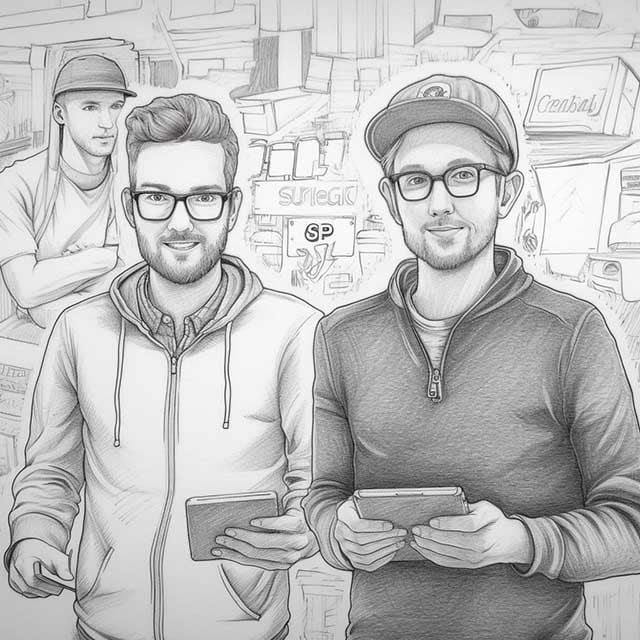 A hand-drawn pencil sketch of a pair of social media experts