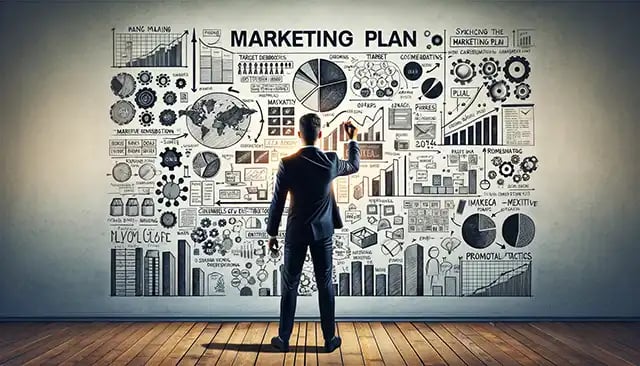 Businessman drawing a marketing plan on a wall