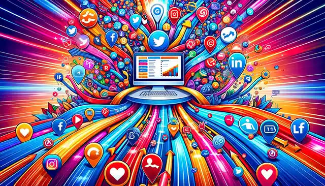 Collage of different social media icons funneling traffic to a central website