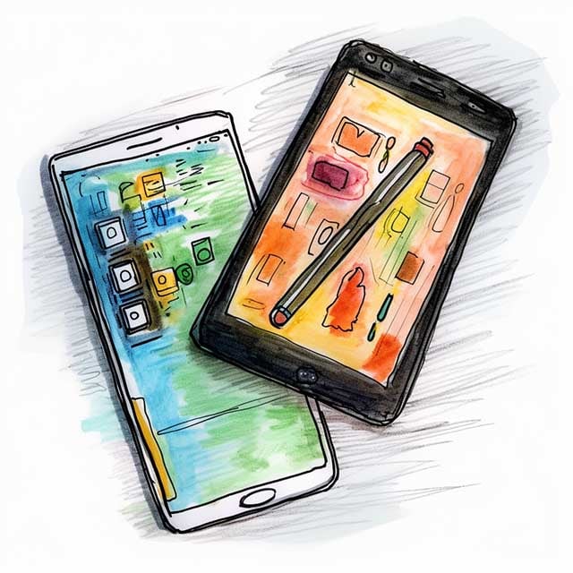 Colored crayon sketch illustrating a comparison between different types of mobile website