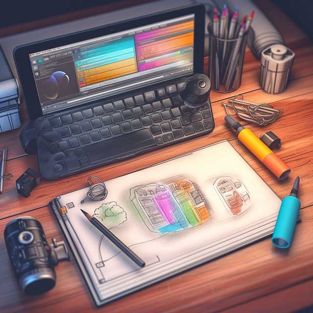 Colored crayon sketch of a laptop screen showcasing mobile website