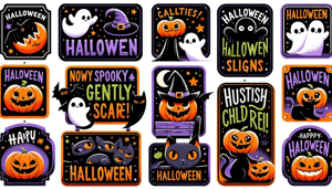 DALL·E 2024-01-15 13.31.21 - A series of playful yet spooky Halloween signs designed to gently scare children. The signs should feature classic Halloween themes like ghosts, witch