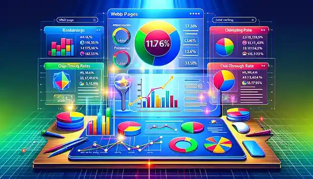 Digital marketing dashboard displaying various metrics for website performance