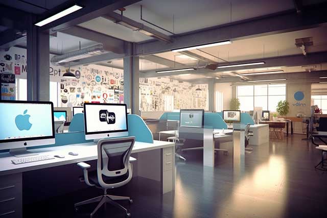 Hyper-realistic 3D render of a social media agency office, with Whitehat SEO Ltd logo prominently displayed