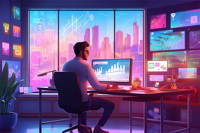 Illustrated scene of a marketing manager in a tech office contemplating various social media platforms on multiple screens AI analytics tools visible on the interface