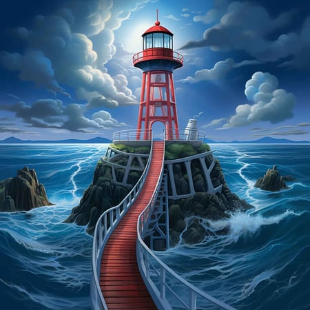 Illustration of SEO as a lighthouse with bridges demonstrating web pages