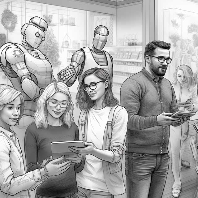 Pencil sketch of a diverse group of customers sharing reviews