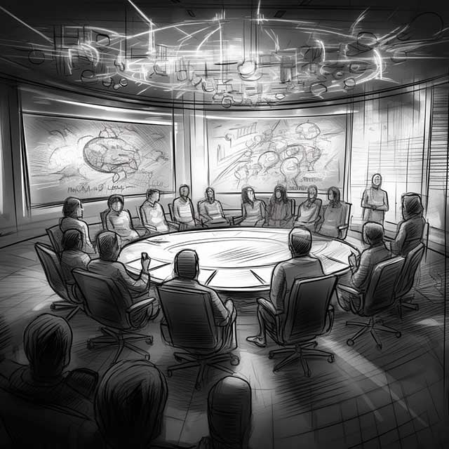 Pencil sketch of a team meeting where business professionals
