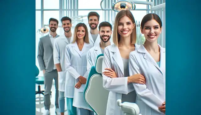 Portrait of smiling co-workers standing in a line in a dental clinic