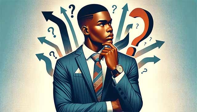 Young businessman taking a decision with arrows and question mark above his head