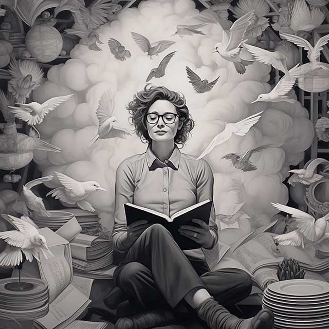 Writer with a feathered quill surrounded by floating thought bubbles