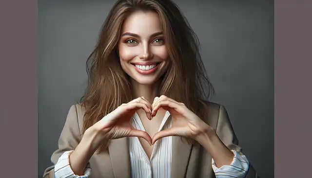 Young woman making a heart sign with her hands. Happy with her SEO agency