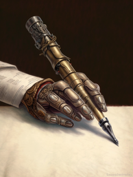 AI robot hand holding a quill pen