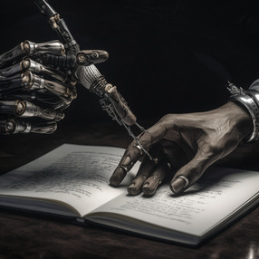robot hand and human hand holding a pen