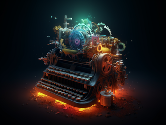 vintage typewriter surroundedby AI symbols and gears