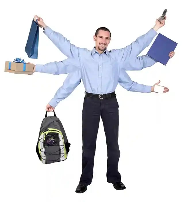 busy businessman over a white background - 6 arms showing all the tasks he has to do