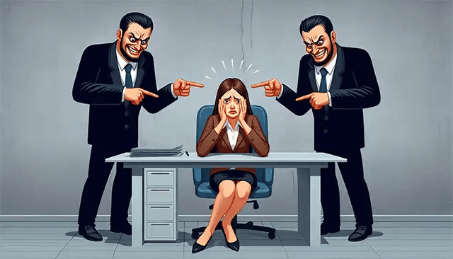 evil-looking men pointing at a stressed woman